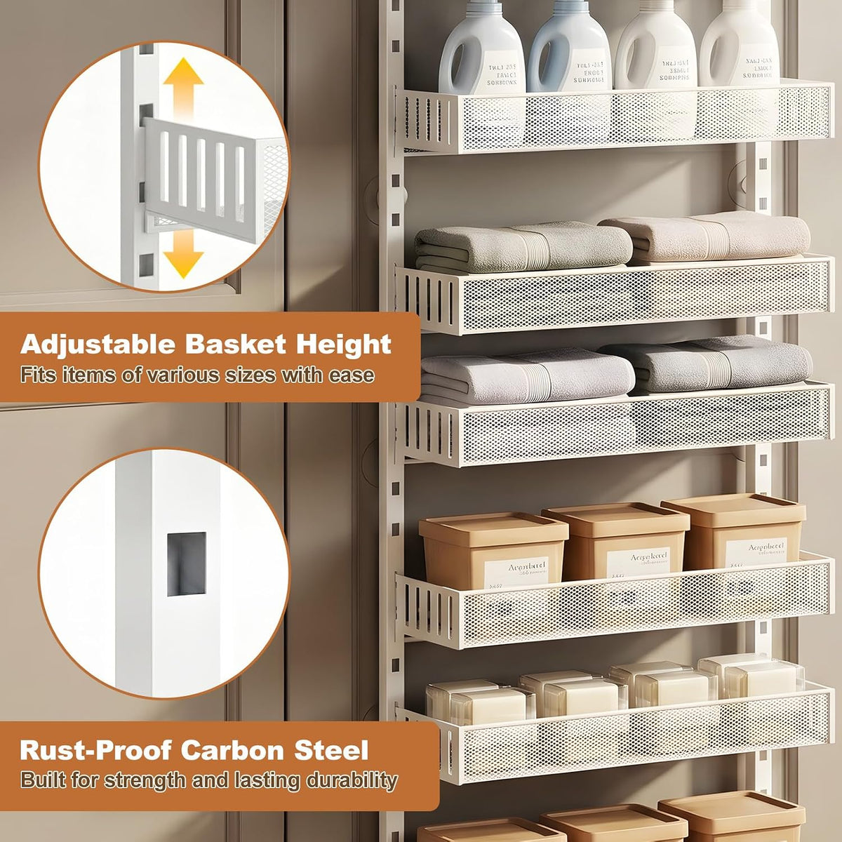 Over the Door Pantry Organizer, 8-Tier Heavy-Duty Door Spice Rack with Mesh Baskets, Height Adjustable & Anti-Swing Design, Pantry Door Organizers and Storage for Kitchen, Bathroom