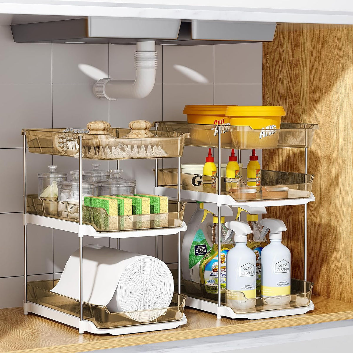 Delamu 2 Pack 3-Tier Bathroom Under Sink Organizers and Storage, Multi-Purpose Stackable Pantry Organization and Storage, Pull Out Clear Kitchen Bathroom Cabinet Organizer with Movable Dividers, Amber