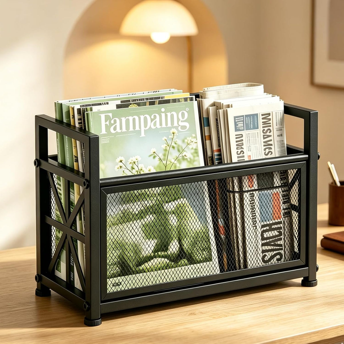 Large Magazine Rack Floor Stand, Metal Black Magazine Holder Floor