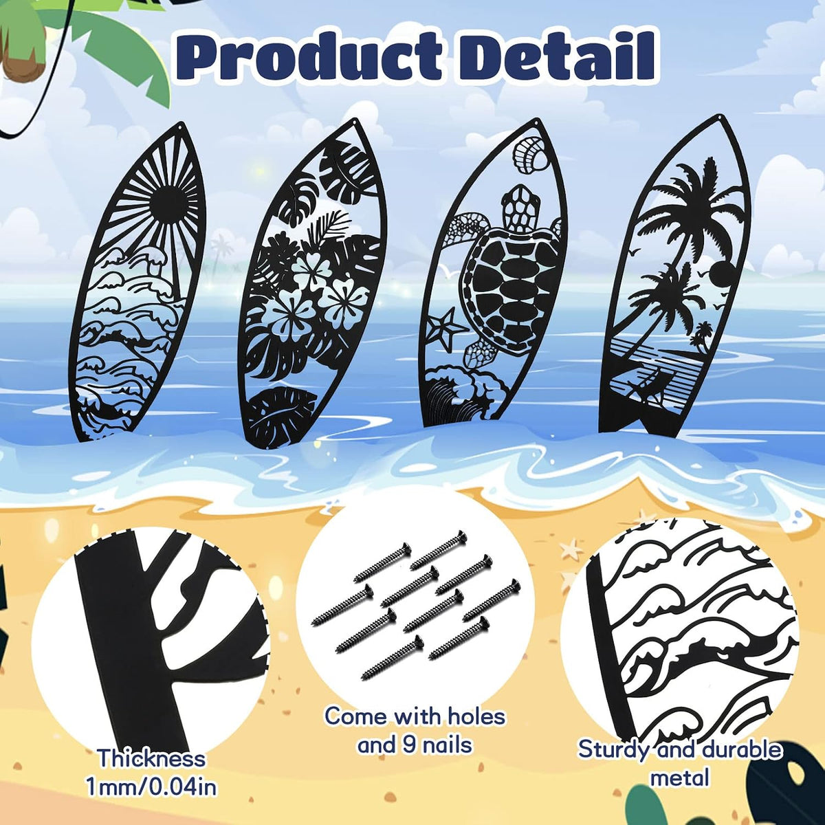 Therwen 4 Pcs Metal Surfboard Wall Decor, Tropical Beach Palm Turtle, Black