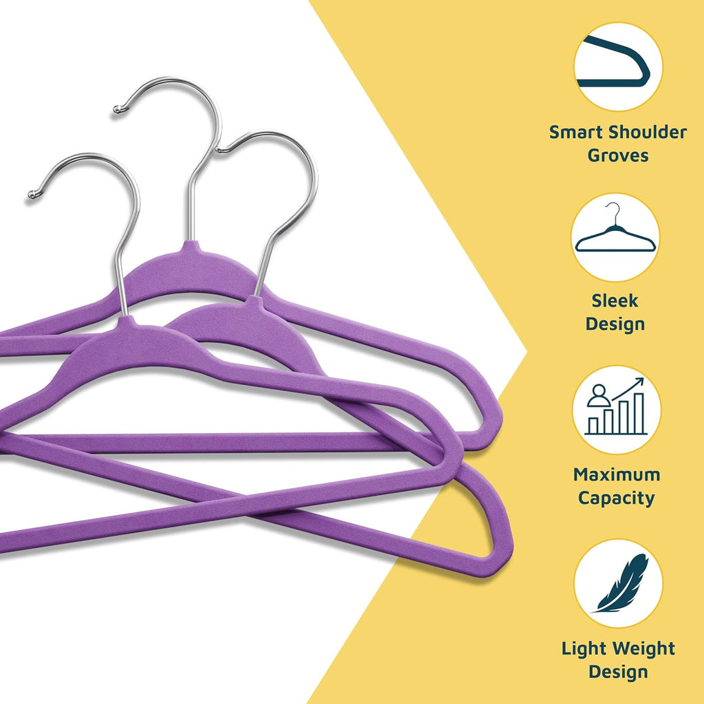 Purple Velvet Kids Hangers 50 Pack, 10.83" Non-Slip Baby & Toddler Hangers for Clothes, Space-Saving Slim ABS Plastic with 360° Swivel Hook & Notched Shoulders, Up to 10 lb Capacity
