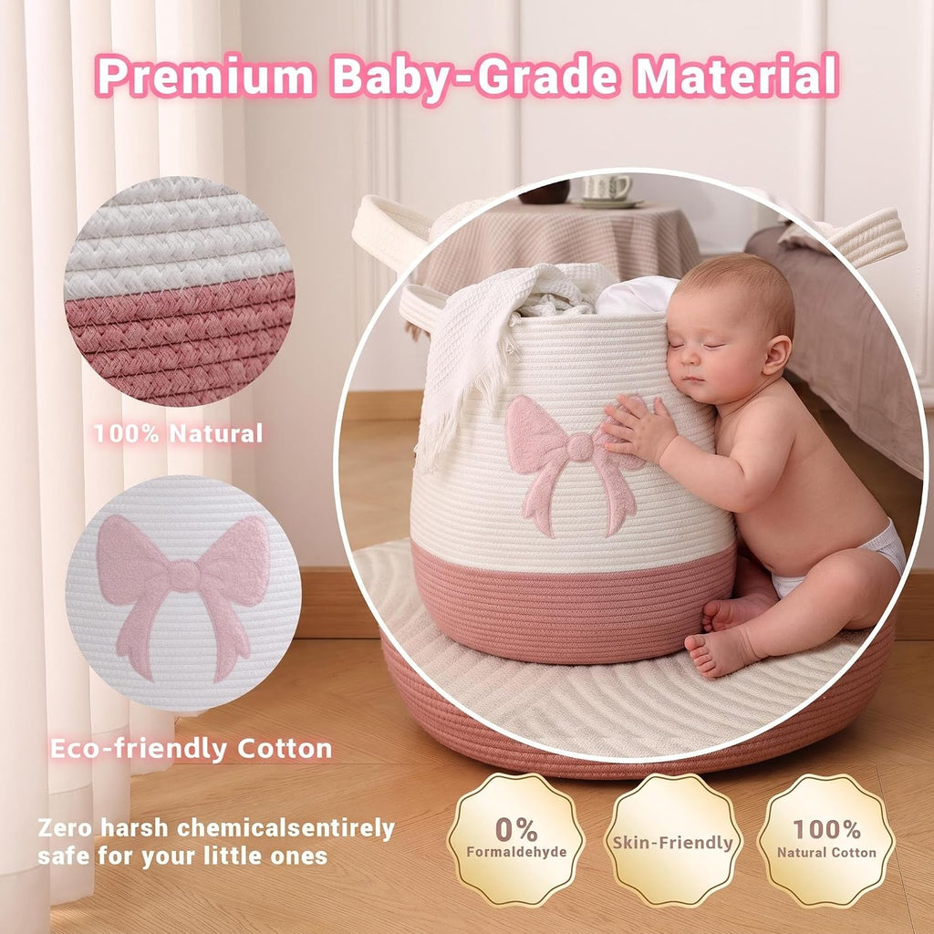 Large Cotton Rope Woven Storage Basket (17.7" x 16.9") - Decorative Round Laundry Hamper & Toy Organizer Bin with Handles for Nursery, Kid's Room and Blankets