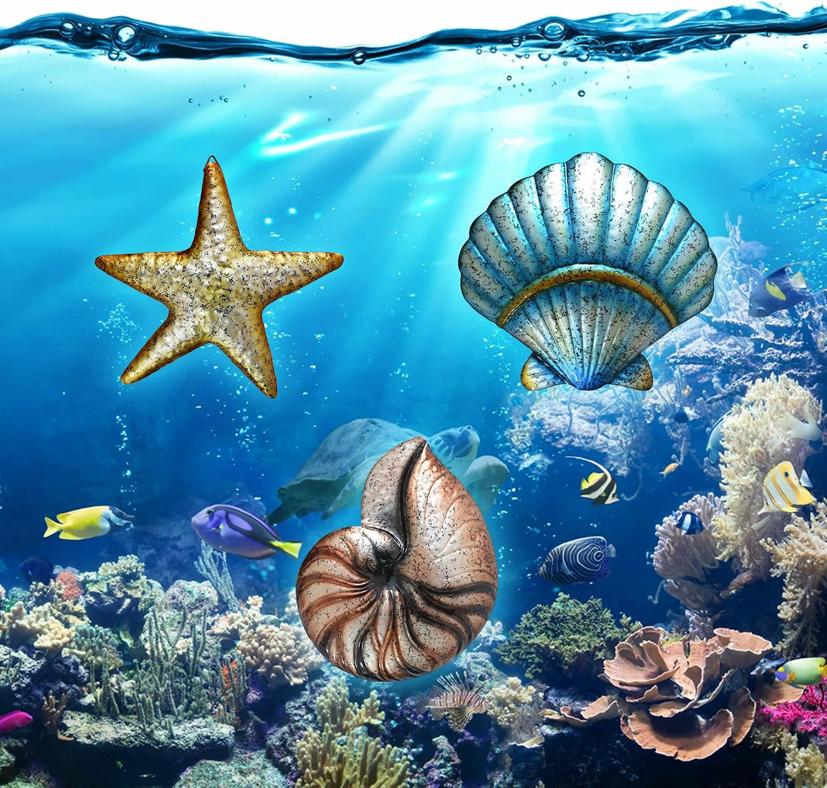 3 Pcs Metal Beach Wall Decor Sea Star Shell Conch Metal Decor Wall Hanging