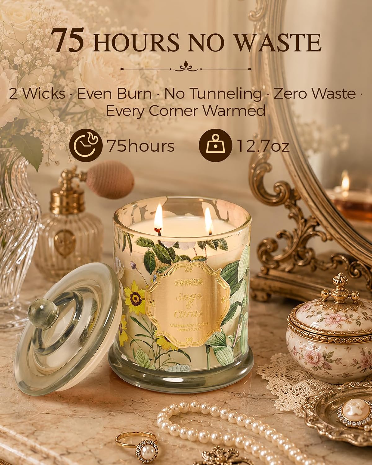 M&SENSE Sage Citrus Non Toxic Large Soy Candle, 12.7oz Aromatherapy Scent