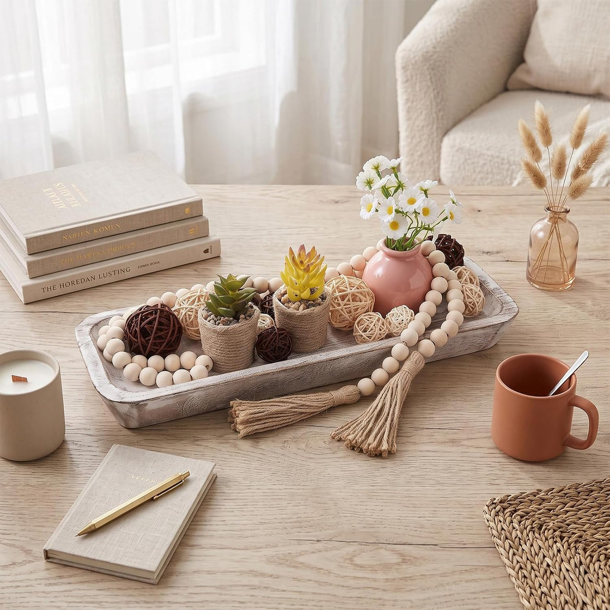 20 Pcs Wooden Dough Bowl Decor, Wood Dough Bowl Wicker Rattan Balls Beads String with Tassel, Wood Rustic Dough-Bowl Decorative for Dining Room Kitchen(White)