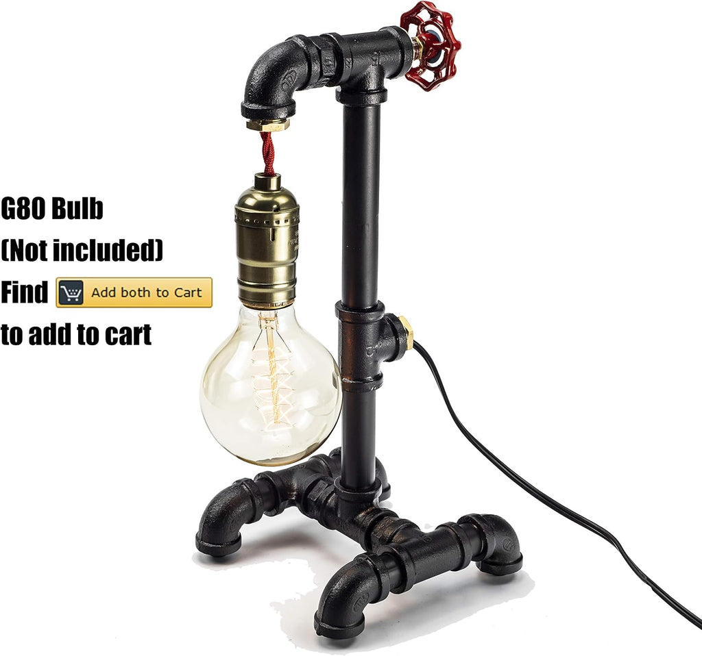 Loft Style Lamp with Dimmer, Dimmable Steampunk Industrial Vintage Antique Style Light, Iron Piping Aged Rustic Metal Desk Lamp, Y-Nut "Fisherman" (Dark Black) QTF-TB01-BBLK