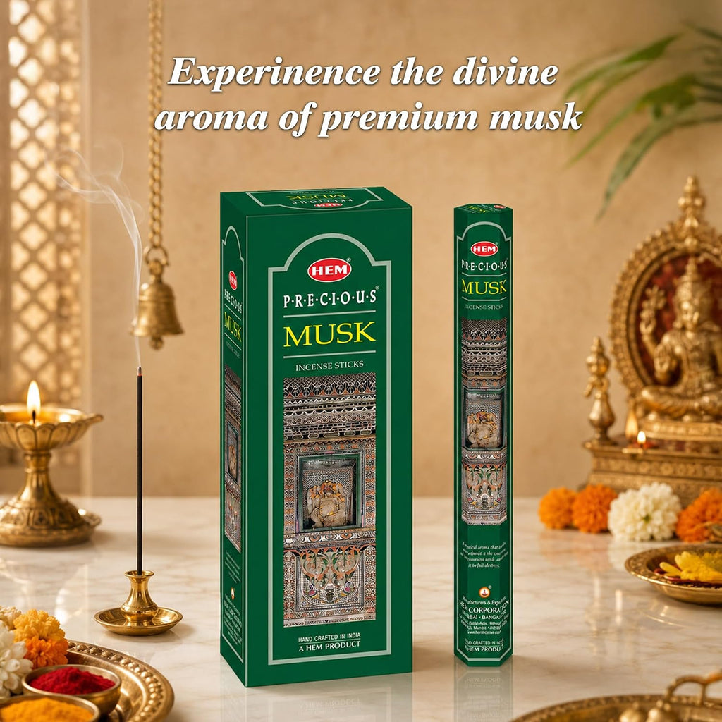 HEM Precious Musk Incense Sticks – (120 Sticks, 6 Boxes Inside) - 9 Inches Long ,Dispel Negativity, Induce Relaxing Sleep, Spiritual Strength, Aromatherapy, And Strengthen Meditation Practices