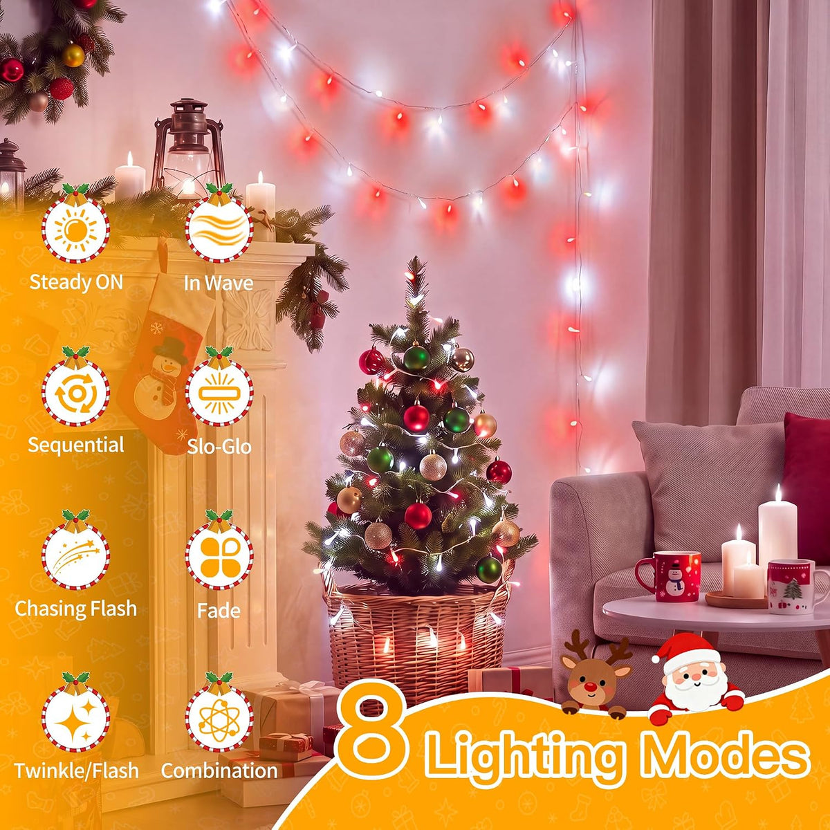 Ollny 100 LED Christmas Lights 33FT, Red & White Connectable Fairy Lights