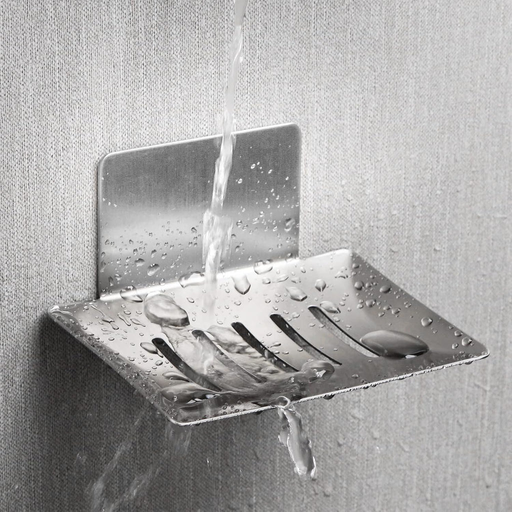 Soap Dish for Shower Wall, Stainless Steel Adhesive Soap Holder for Bathroom, 5 Slot Sponge Holder for Kitchen Sink, Bar Soap Tray with Drain Silver