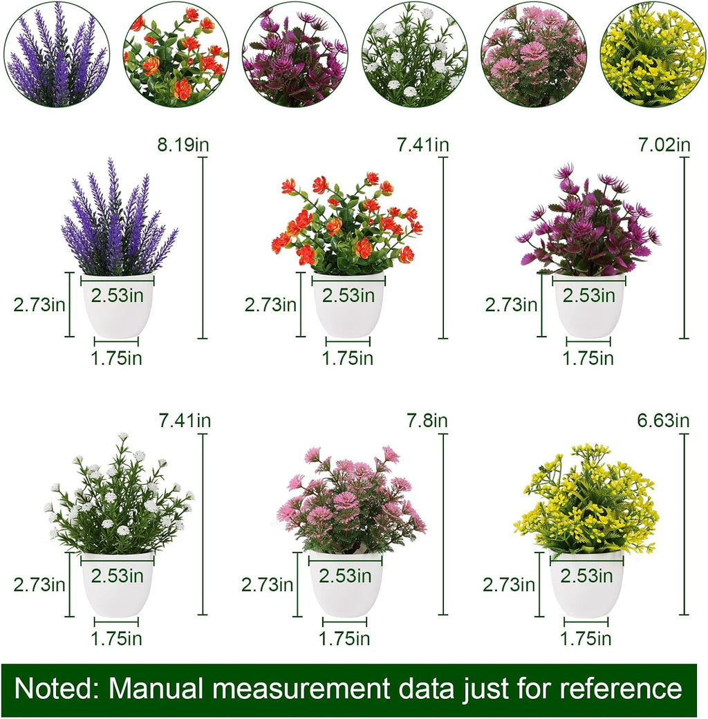 Yoratee 6 Pack Small Artificial Flower Potted Plants, Mini Faux Flowers in Pots Colorful Fake Plants for Indoor Bathroom Office Desk Tabletop Windowsill and House Shelf Decorations
