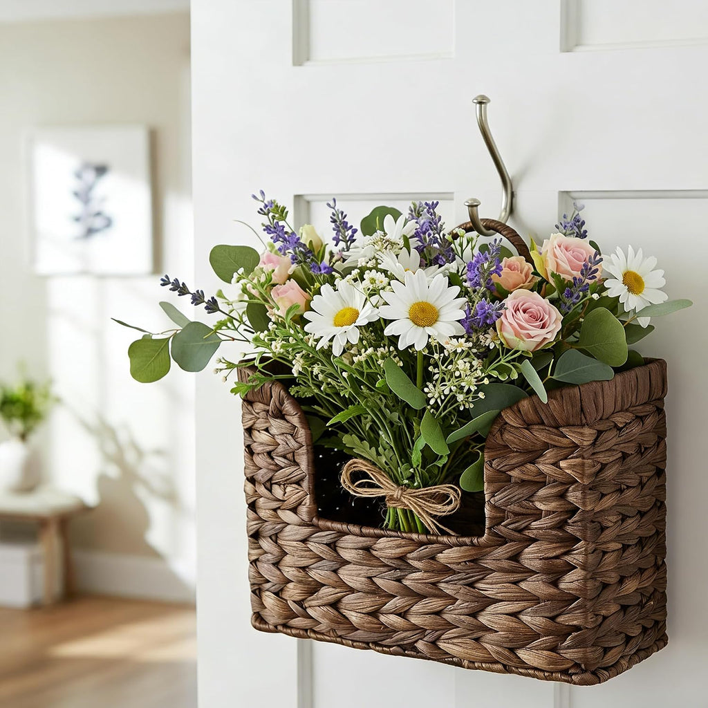 Set of 2 Magazine Holder Wall Basket Water Hyacinth Woven Mail Organizer, Wicker Wall Hanging Baskets for Magazines, Letters & Storage Decorative Mail Holder, Magazine Rack, Hanging Basket, Coffee