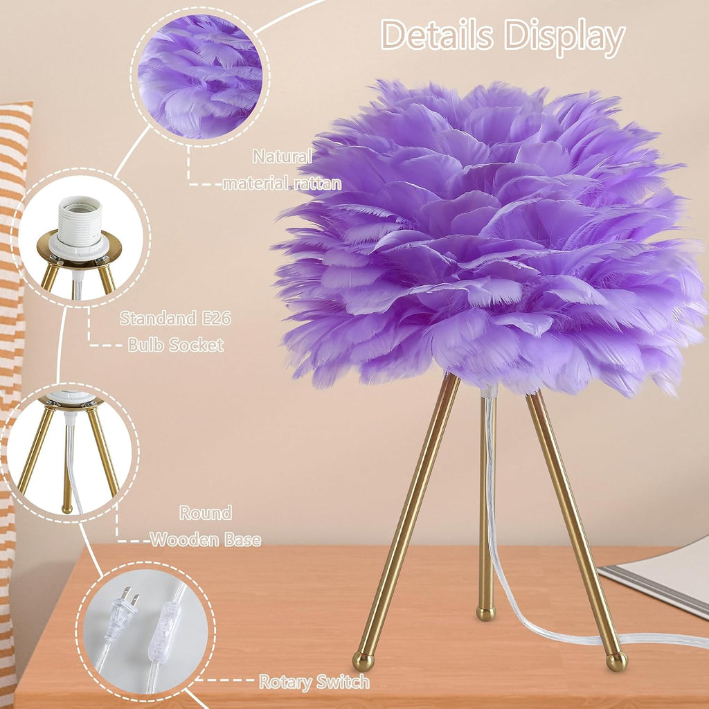 Capslpad Feather Tripod Table Lamp 15.3" Purple Modern Small Bedside Desk Lamp with Gold Finish Nightstand Lamp for Living Room Nursery Bedroom Kids Girls Room Decor