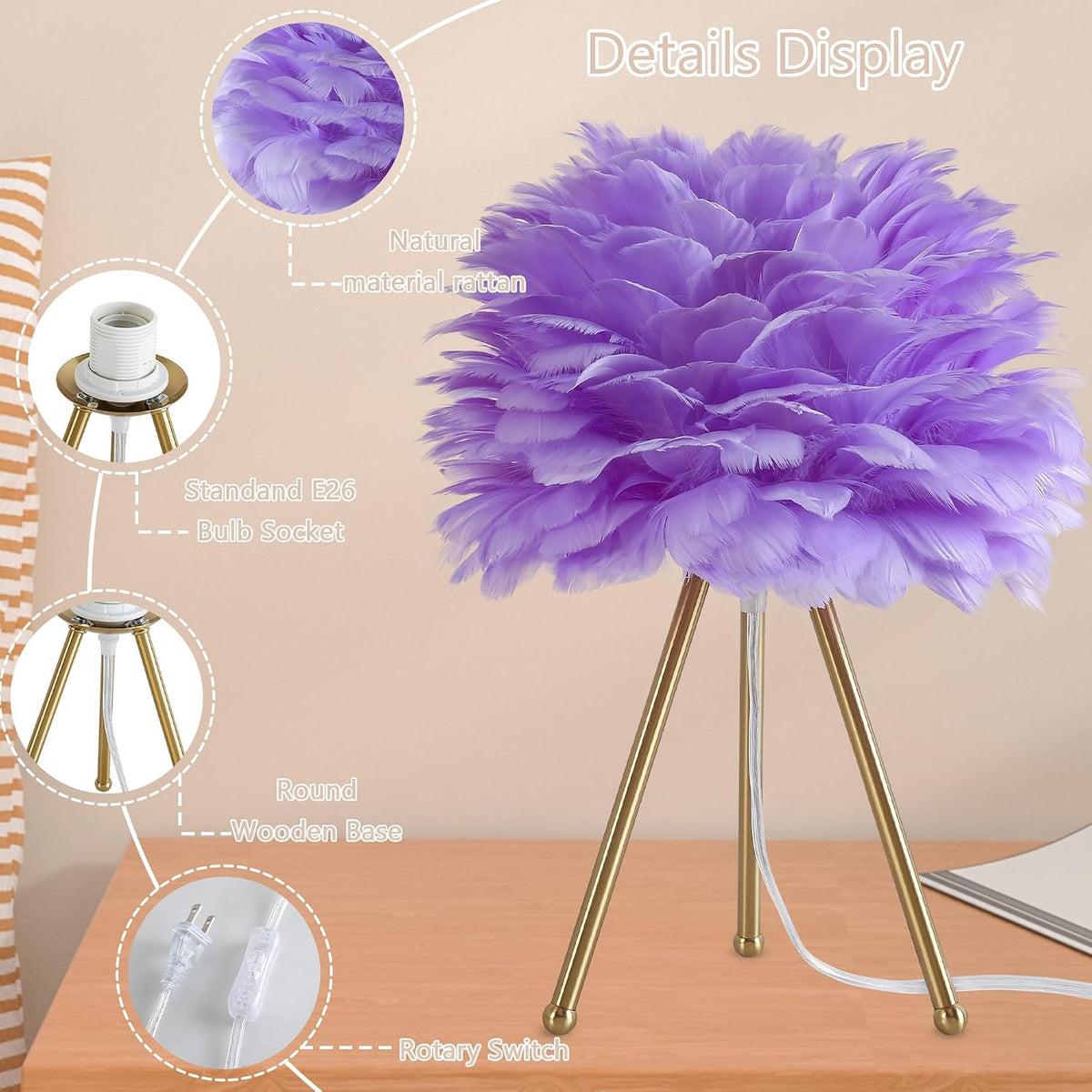 Capslpad Feather Tripod Table Lamp 15.3" Purple Modern Small Bedside Desk Lamp with Gold Finish Nightstand Lamp for Living Room Nursery Bedroom Kids Girls Room Decor