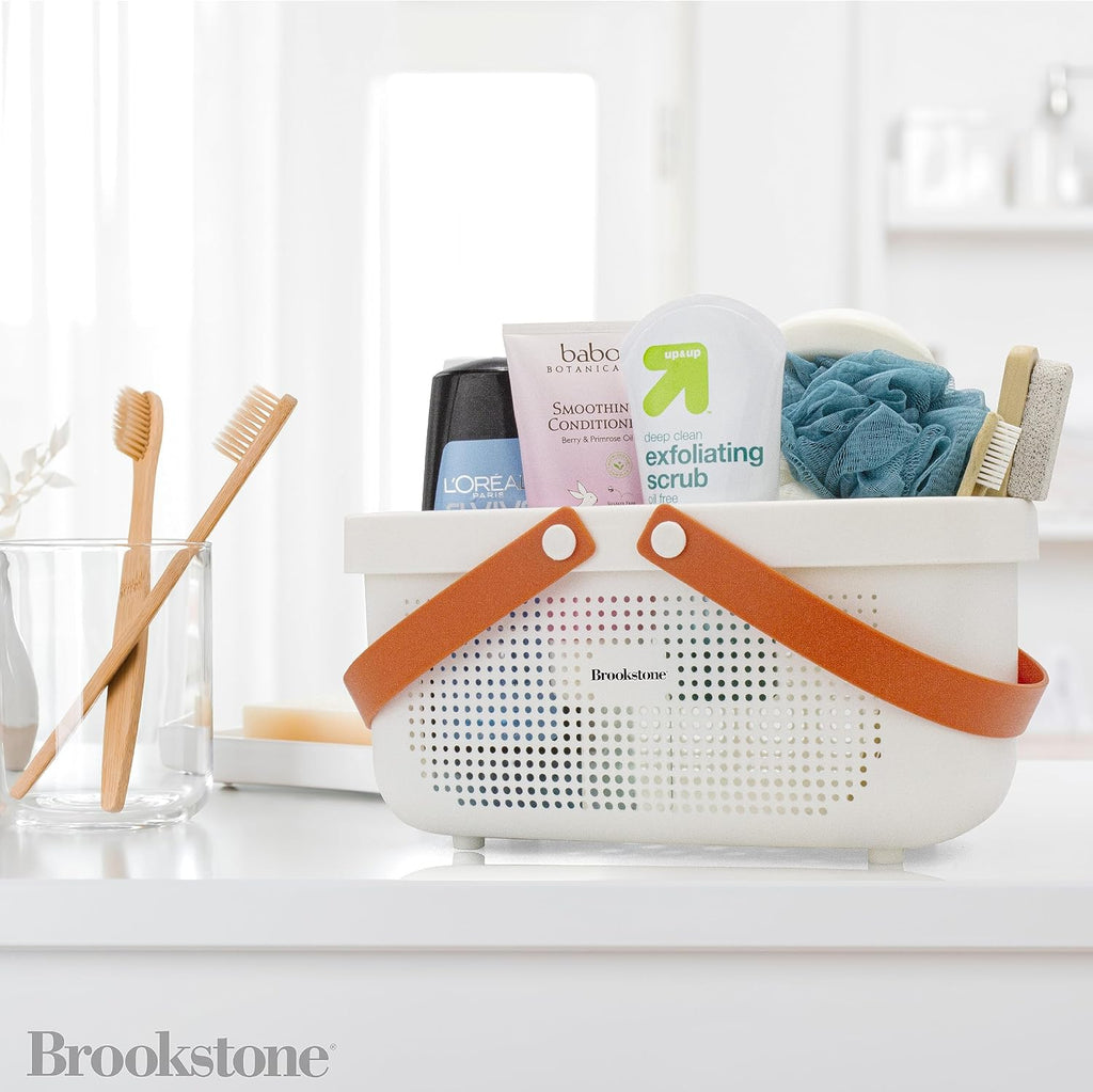 Brookstone Modern Large Portable Shower Caddy with Soft Silicone Carrying Handle, Bathroom Organizer Basket, Plastic Bath Tote and Shower Organizer, Quick Dry Drainage Holes, BPA Free, White