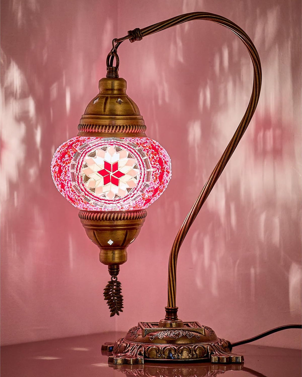 DEMMEX Turkish Moroccan Mosaic Table Lamp – Handcrafted Tiffany-Style Colorful Glass Swan Neck Bedside, Desk, Table Light, Boho Artisan Accent Lighting for Bedroom or Living Room – 15" H, Pink