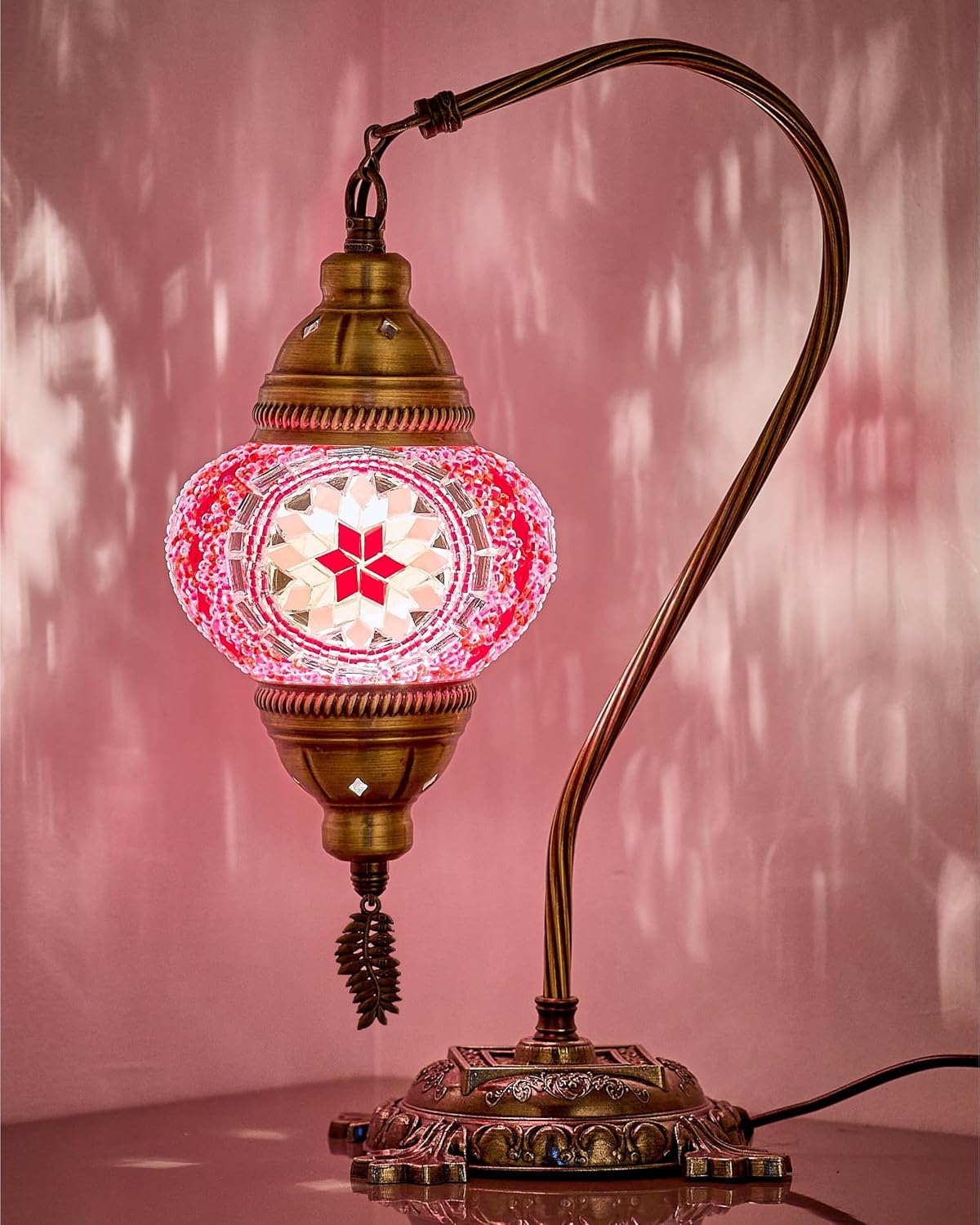 DEMMEX Turkish Moroccan Mosaic Table Lamp – Handcrafted Tiffany-Style Colorful Glass Swan Neck Bedside, Desk, Table Light, Boho Artisan Accent Lighting for Bedroom or Living Room – 15" H, Pink