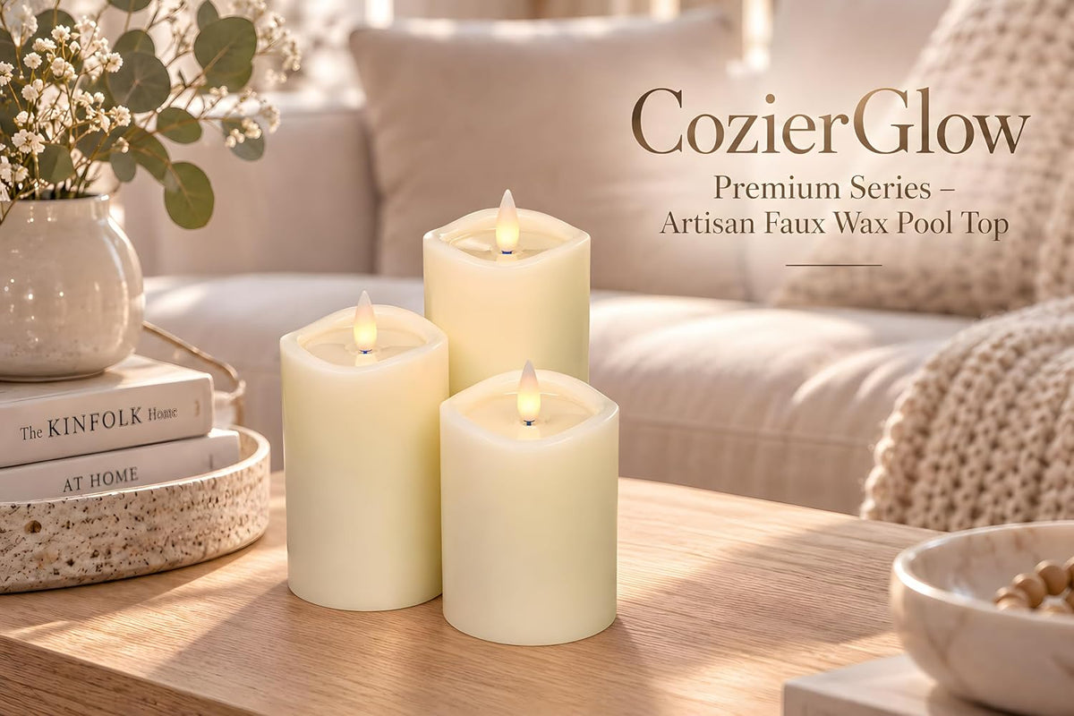 Flameless Pillar Candles Flickering with Remote Timer, Battery Operated LED Candles Up to 400 Hours, 3D Moving Flame Real Wax Candles. (Ivory with Wax Pool)
