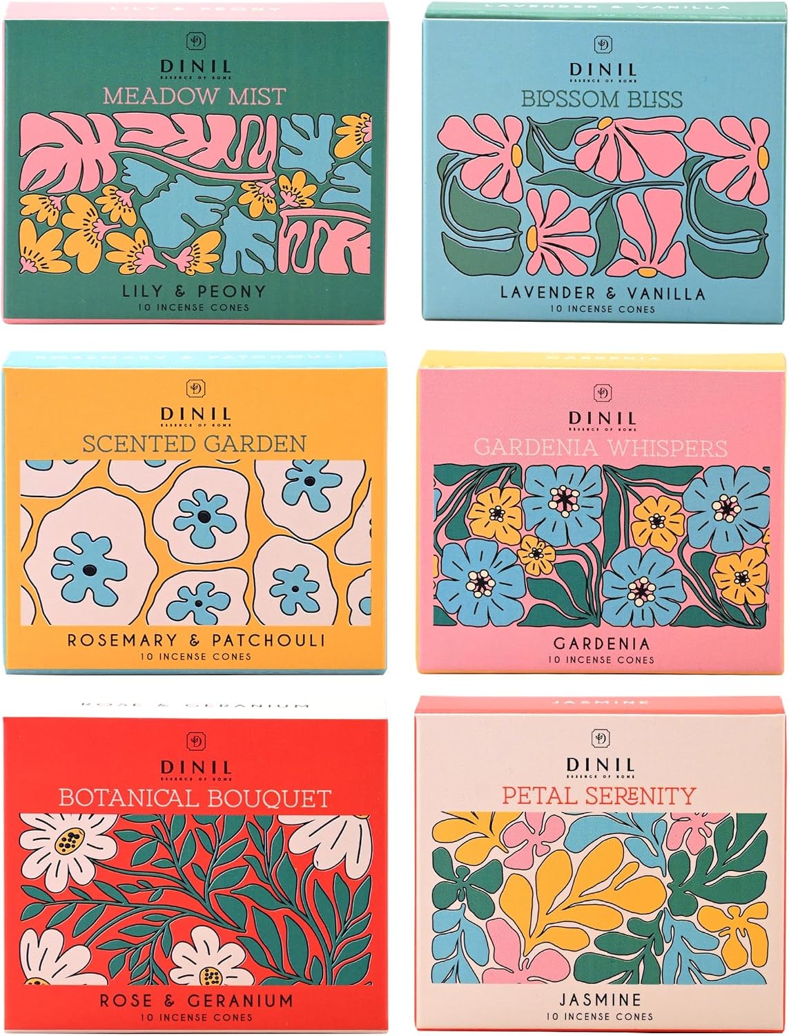 Dinil Floral Incense Cones Variety Pack, 60 Cones, 6 Floral & Herbal Scents