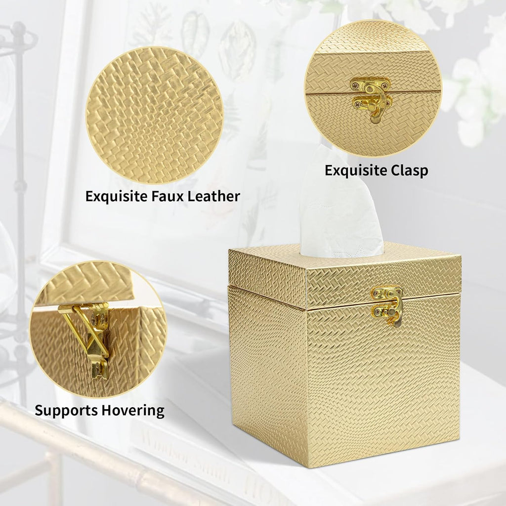 Gold Tissue Box Cover, Elegant Square Tissue Box Holder for Bathroom, Bedroom, and Office, Modern Decorative Tissue Box for Home Décor