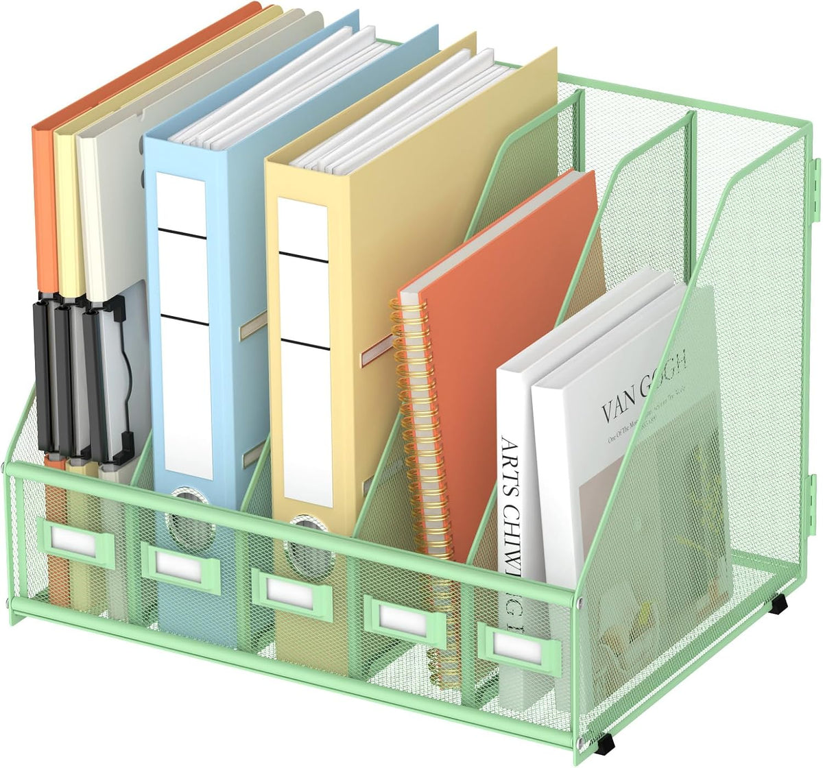 SUPEASY Desk Organizers Metal Desk Magazine File Holder with 5 Vertical Compartments Rack File Organizer for Office Desktop, Classroom, Home Workspace, Green, Plus