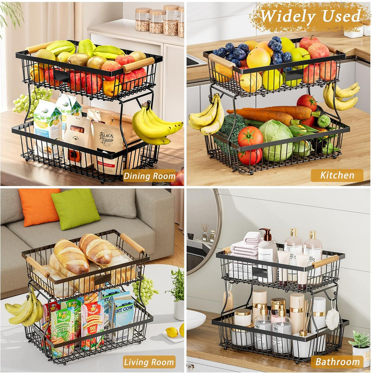 2 Tier Fruit Basket with 2 Banana Hangers, Fruit Bowl for kitchen counter with Wooden Handle, Detachable Large Capacity Fruit Holder Stand for Vegetable Bread Snack Produce Storage