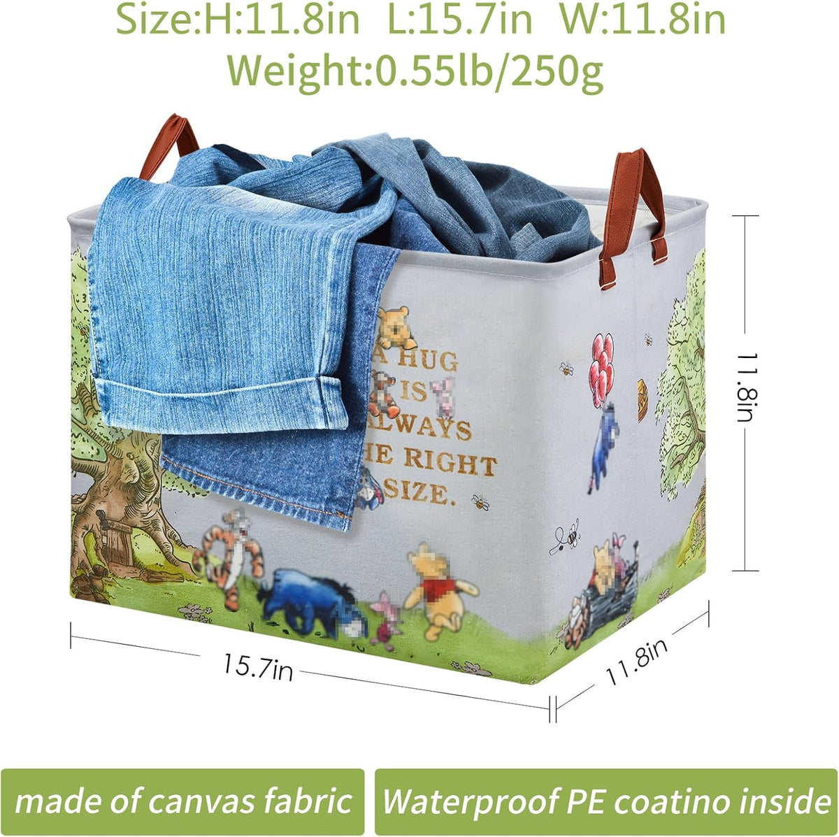 Bear Nursery Decor Storage Basket Foldable With Waterproof PE Coating, Square Large Canvas Laundry Hamper,Diaper Bag Baskets for Kids,Boys and Girls, Bathroom, Bedroom, Clothes,Toy Bin(grey)