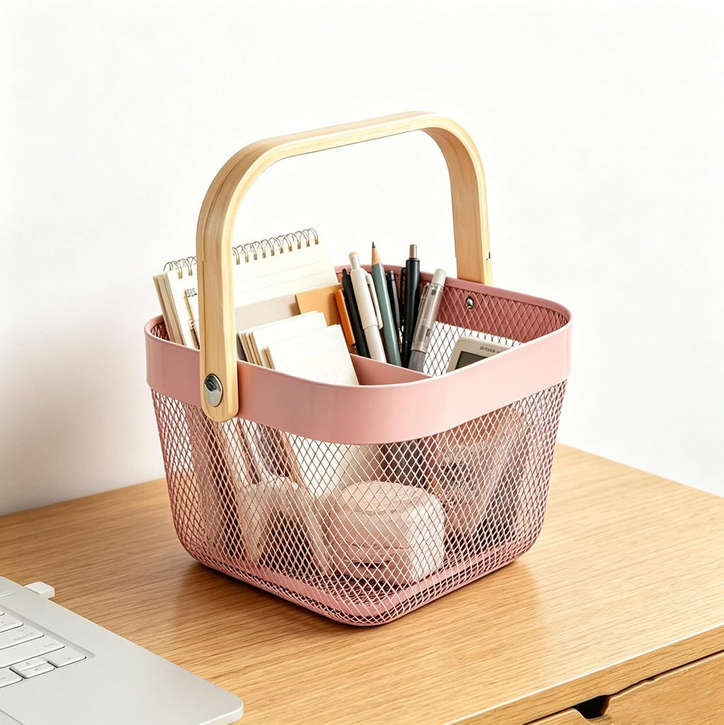 AJIODA Metal Mesh Wire Basket, Small Steel Basket with Wooden Handle Storage Organizer Basket Multi-functional Hanging Kitchen Baskets Fruit Baskets for Kitchen Bathroom Cabinet Pantry, Rose Pink