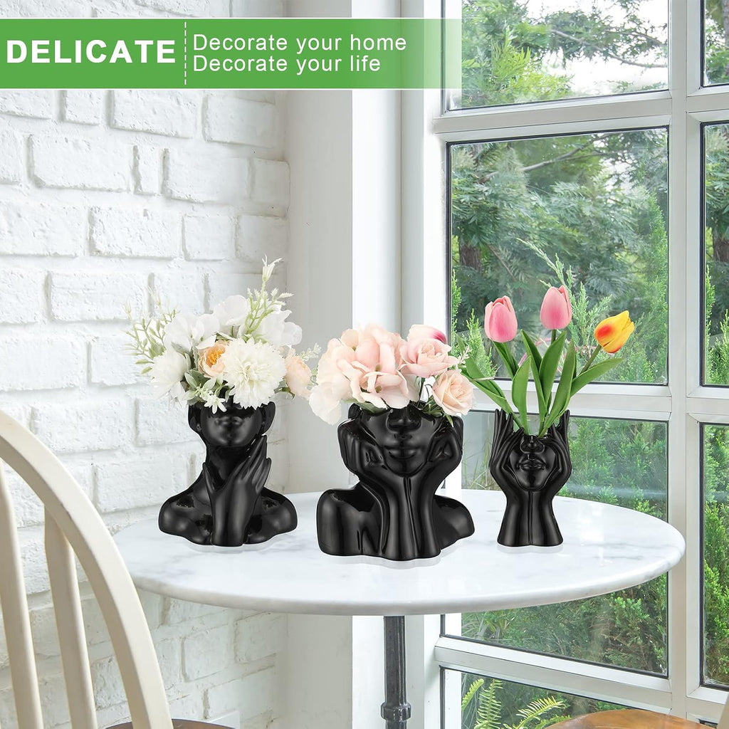 Sieral 3 Pcs Ceramic Face Vase Female Form Body Flower Vase, Small, Black