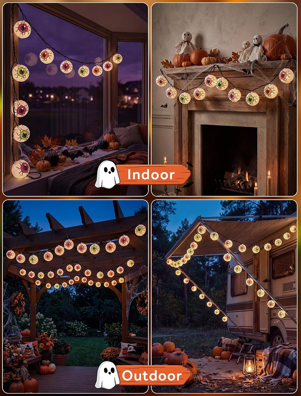 Halloween Lantern String Lights, 8.5Ft LED White Eye Lantern String Lights Plug in, 10 Halloween Lanterns String Light Connectable Indoor/Outdoor Decoration