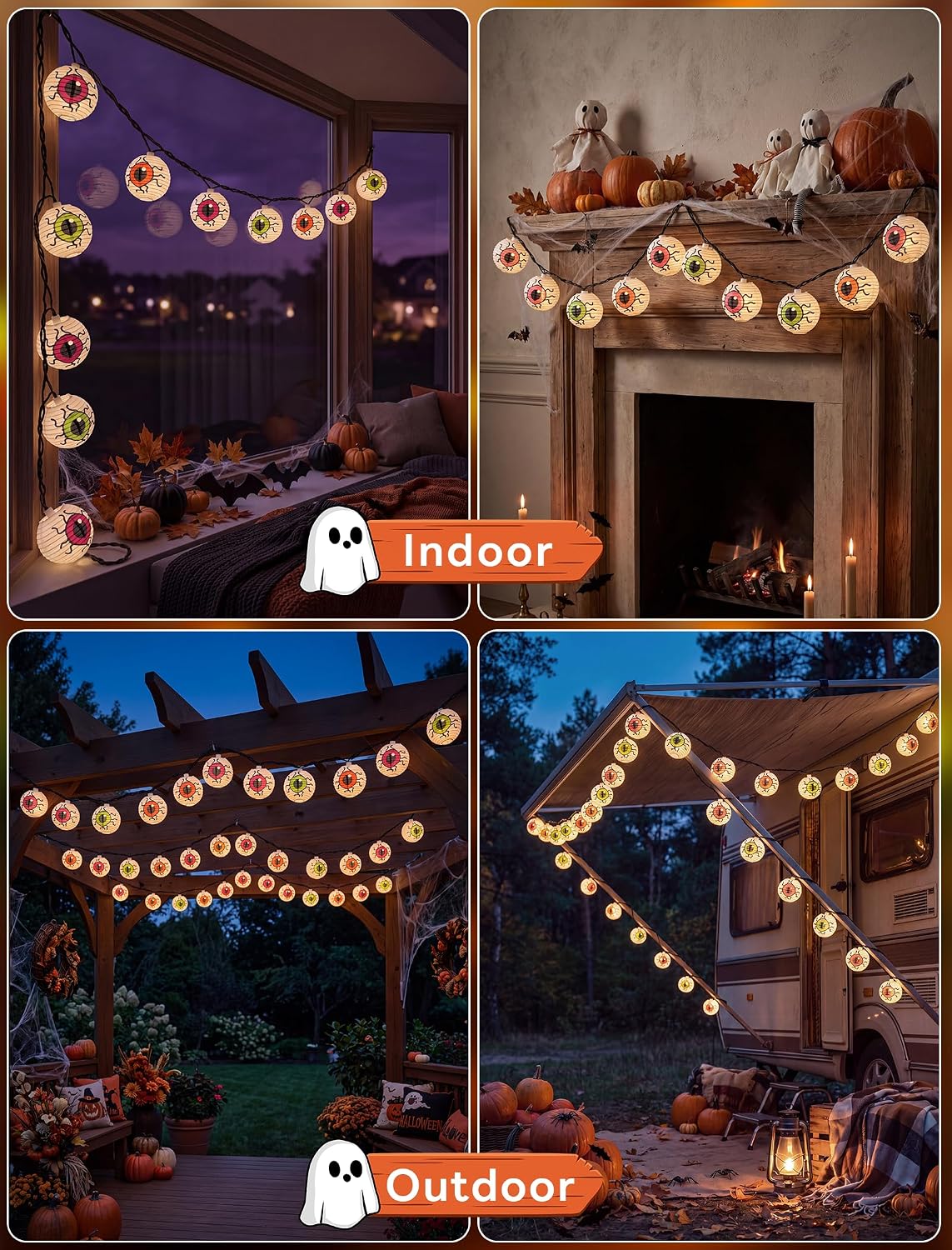 Halloween Lantern String Lights, 8.5Ft LED White Eye Lantern String Lights Plug in, 10 Halloween Lanterns String Light Connectable Indoor/Outdoor Decoration