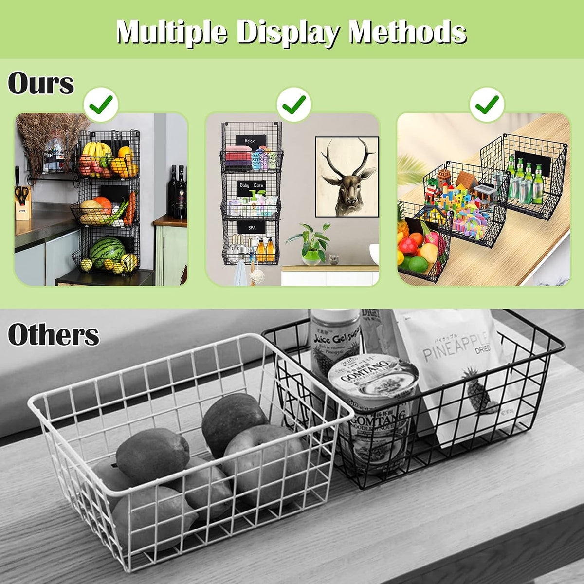 X-cosrack Metal Wire Basket Wall Mount, 3 Tier Wall Storage Basket Organizer with Hanging Hooks Chalkboards, Rustic Kitchen Fruit Produce Bin Rack Bathroom Tower Baskets (Black)