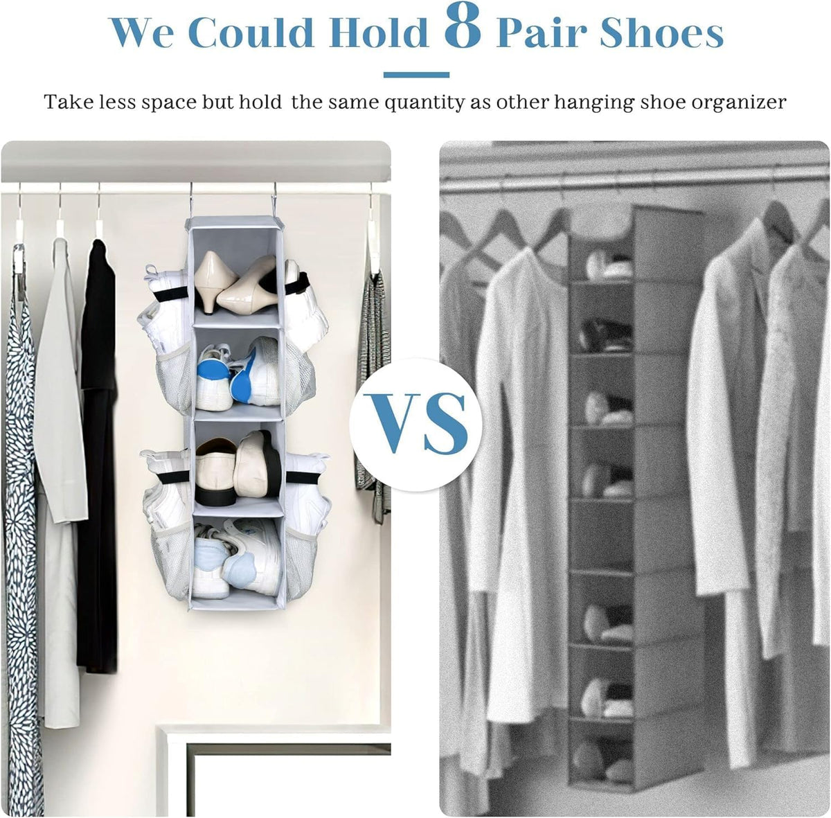SLEEPING LAMB Over The Door Shoe Organizer for Closet with 8 Large Deep Pockets and Short Hanging Shoe Organizer for Closet Storage with Mesh Side Pockets Holds 8 Pairs, Grey