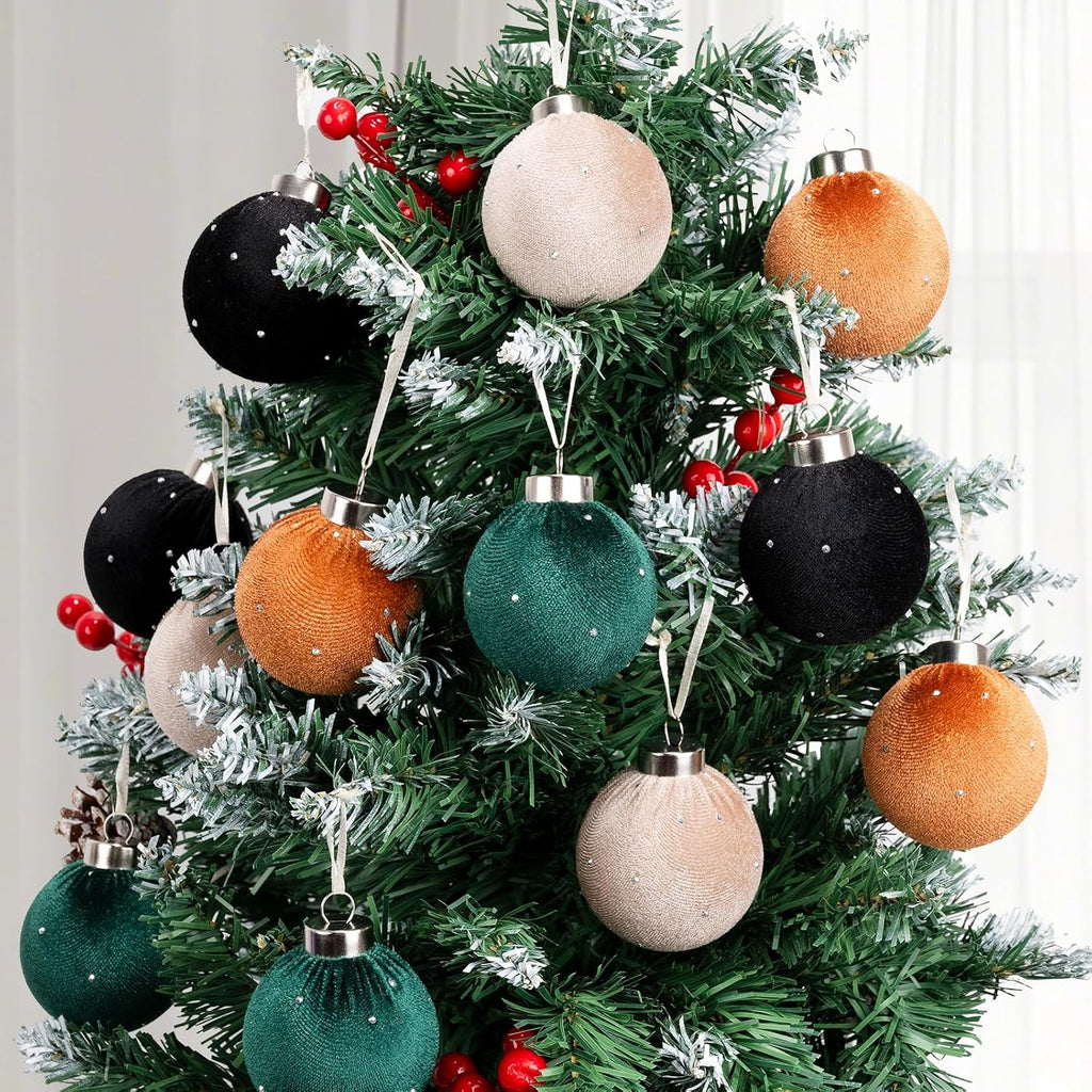 TonJin Christmas Tree Ornaments Velvet Balls 12 Pack, 3.15"/80mm Glitter Shatterproof Hanging Flocked Large Xmas Bulbs Decorations, Lightweight,Green Orange Black Neutral, Holiday Party Home Decor