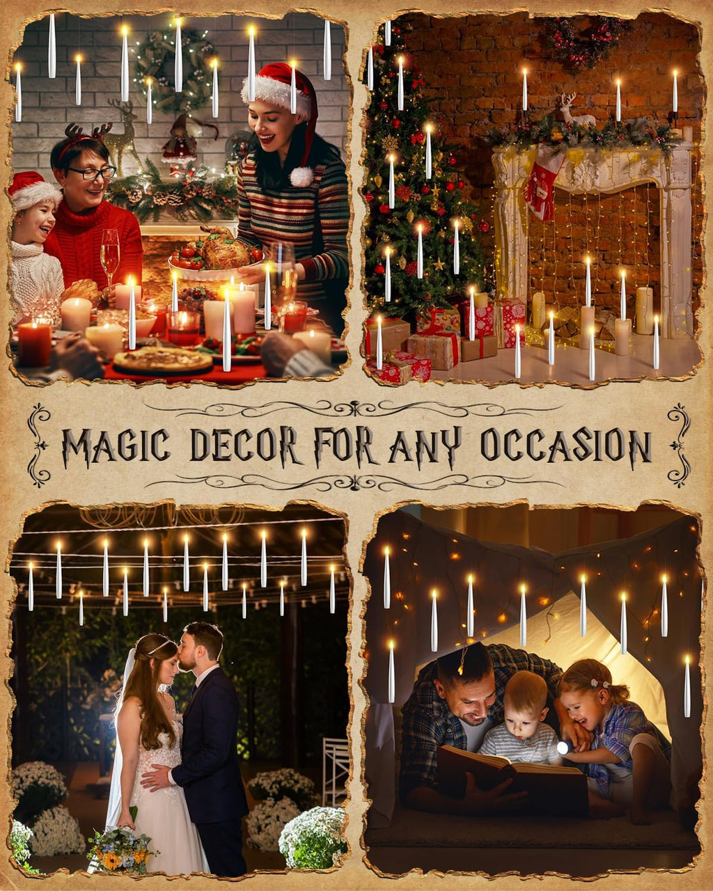 Floating Candles with Wand - 12 Pack Halloween Decorations Magic Flameless Candles Flickering Warm Light LED Hanging Candle Remote, Battery Operated Candles for Christmas Outdoor Indoor Party Decor