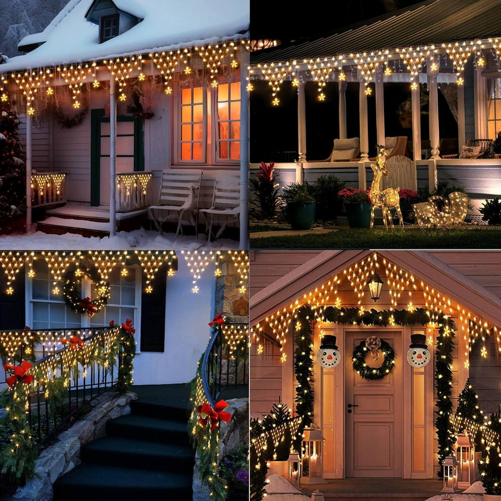 DANLI Christmas Lights Outdoor 13.8ft 218 LED Connectable String Lights with 11 Drops, Window Curtain Fairy Light with 8 Modes for Garden Eaves Wedding Party Holiday Christmas Decorations