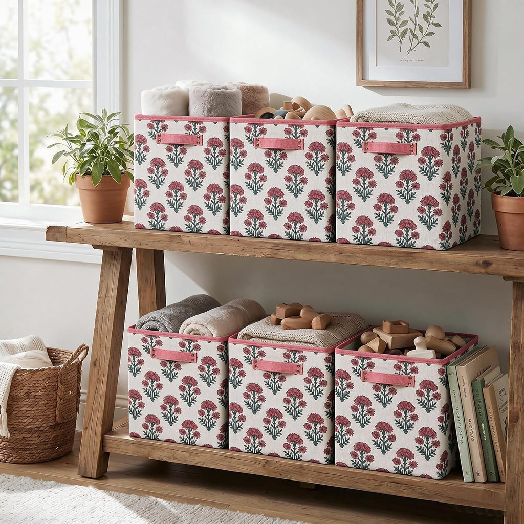 6 Pcs Fabric Floral Cube Storage Bins 11 Inch Flower Storage Basket with Handle, Linen Collapsible Fabric Box for Classroom Bedrooms Office Home Decoration (Pink indian flowers)