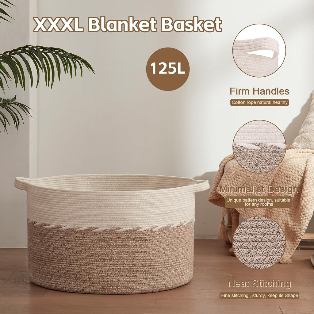 OIAHOMY 125L Extra Large Blanket Basket, Jumbo Cotton Laundry Basket Brown