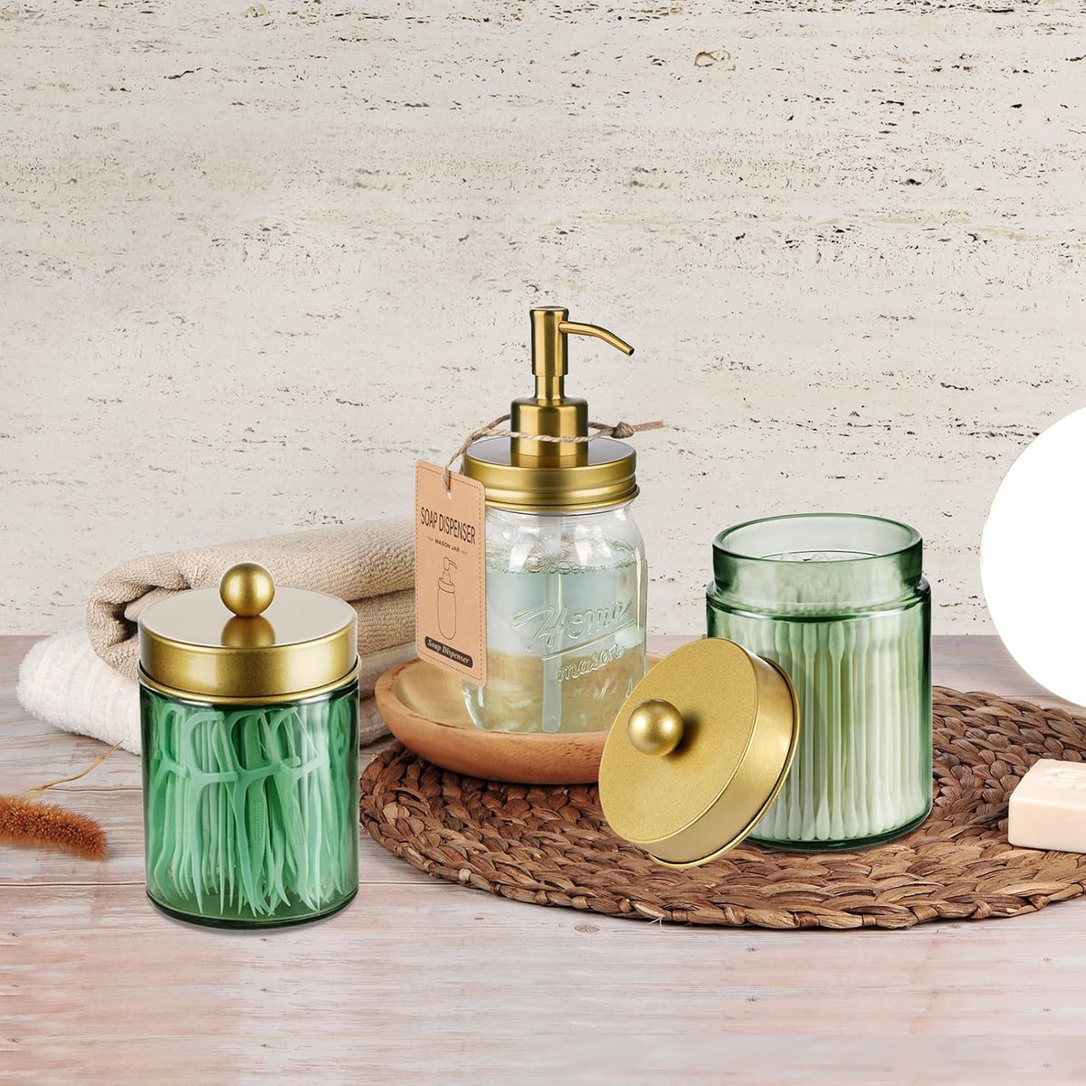 Amolliar Green Glass Apothecary Jar, Qtip Holder Bathroom Decor, Jar, Gold
