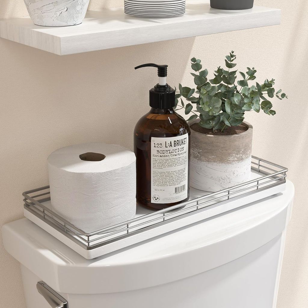 Oak Bathroom Toilet Tank Tray, 13" Wood Back of Toilet Paper Basket Tank Topper Storage, Vanity Tray for Perfume Makeup Candle Toiletry Organizer for Kitchen Coffee Table Silver Tray Decor