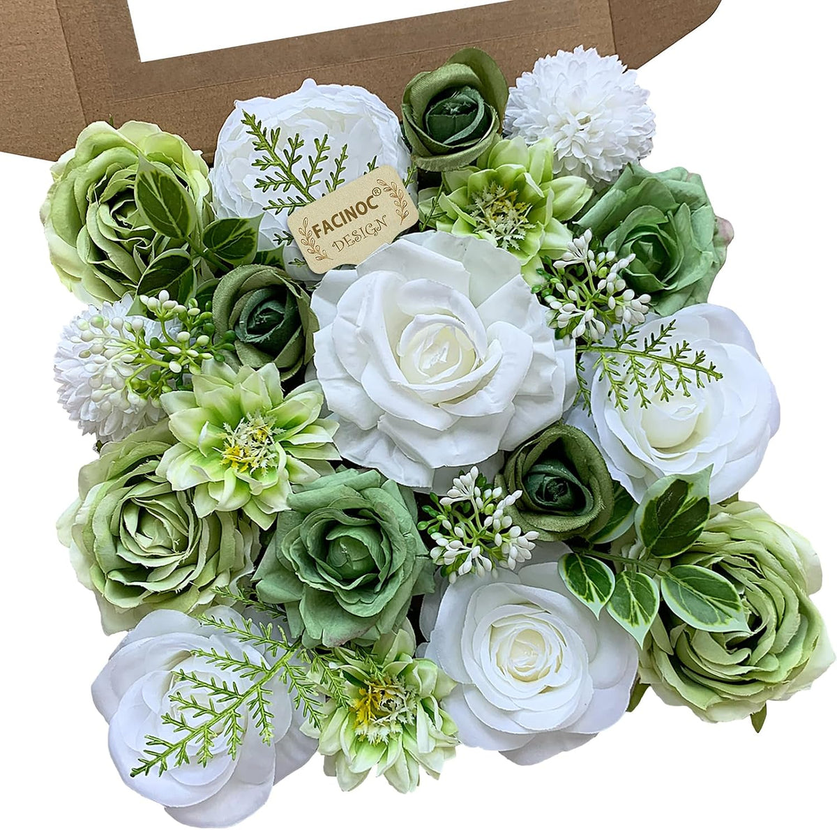 FACINOC Rose Artificial Flowers White Sage Green Bouquet Fake Flower Bulk