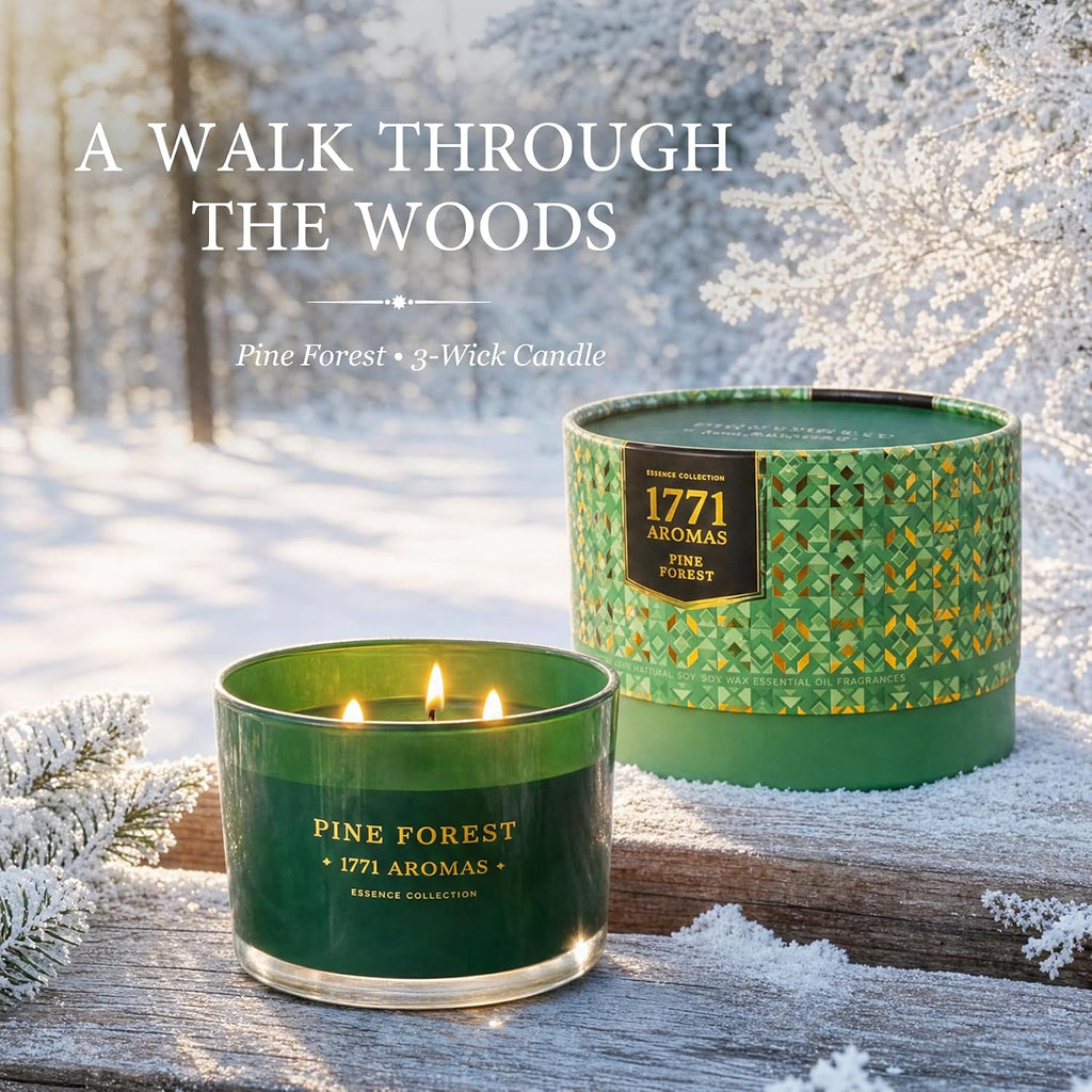 Pine Forest Scented Candle - 100% Natural Soy Wax - Large 3 Wick Jar - Up to 40 Hours Burning Time - Aromatherapy Christmas Candles for Home - Gift-Ready Box for Men and Women