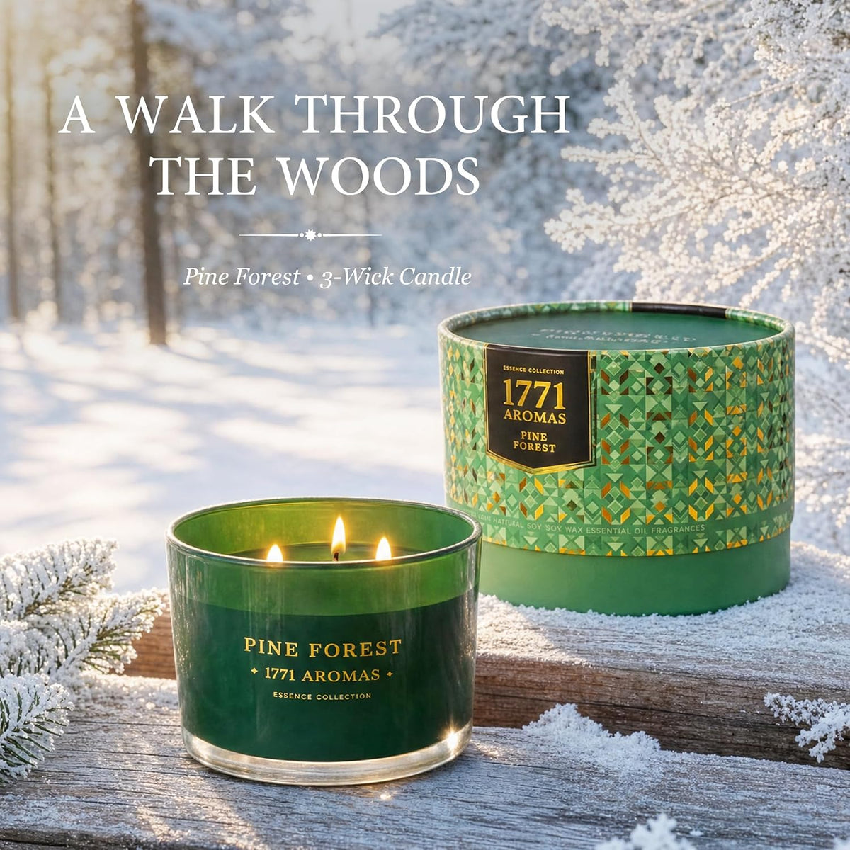 Pine Forest Scented Candle - 100% Natural Soy Wax - Large 3 Wick Jar - Up to 40 Hours Burning Time - Aromatherapy Christmas Candles for Home - Gift-Ready Box for Men and Women