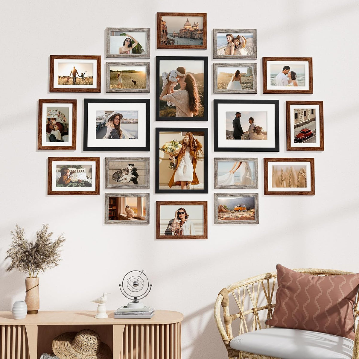 Vittanly 20 Pack Gallery Wall Frame Set, Black, Walnut Brown, Dark Grey