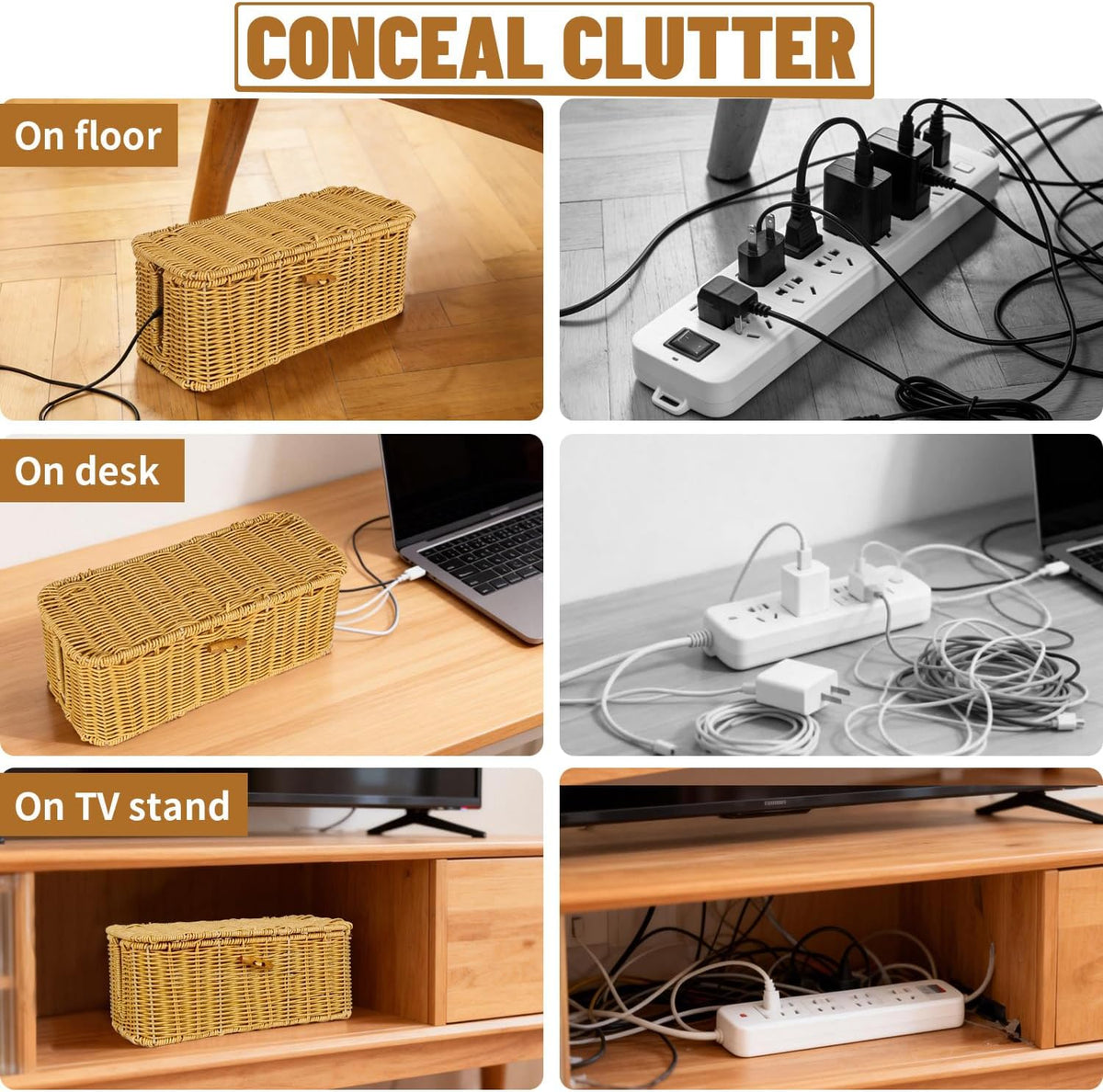 2 Pcs Handwoven Rattan Cable Management Box,Cord Organizer Box with Lid,Open-Slot Cord Hiding Basket,Decorative Storage Box for Hiding Computers, Tv, Power Sockets, USB Hubs