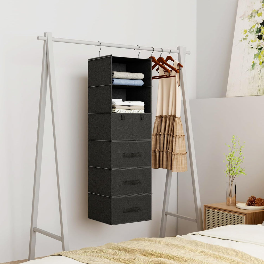 6-Shelf Hanging Closet Organizer with 5 Drawers, Non-Woven Storage, Black