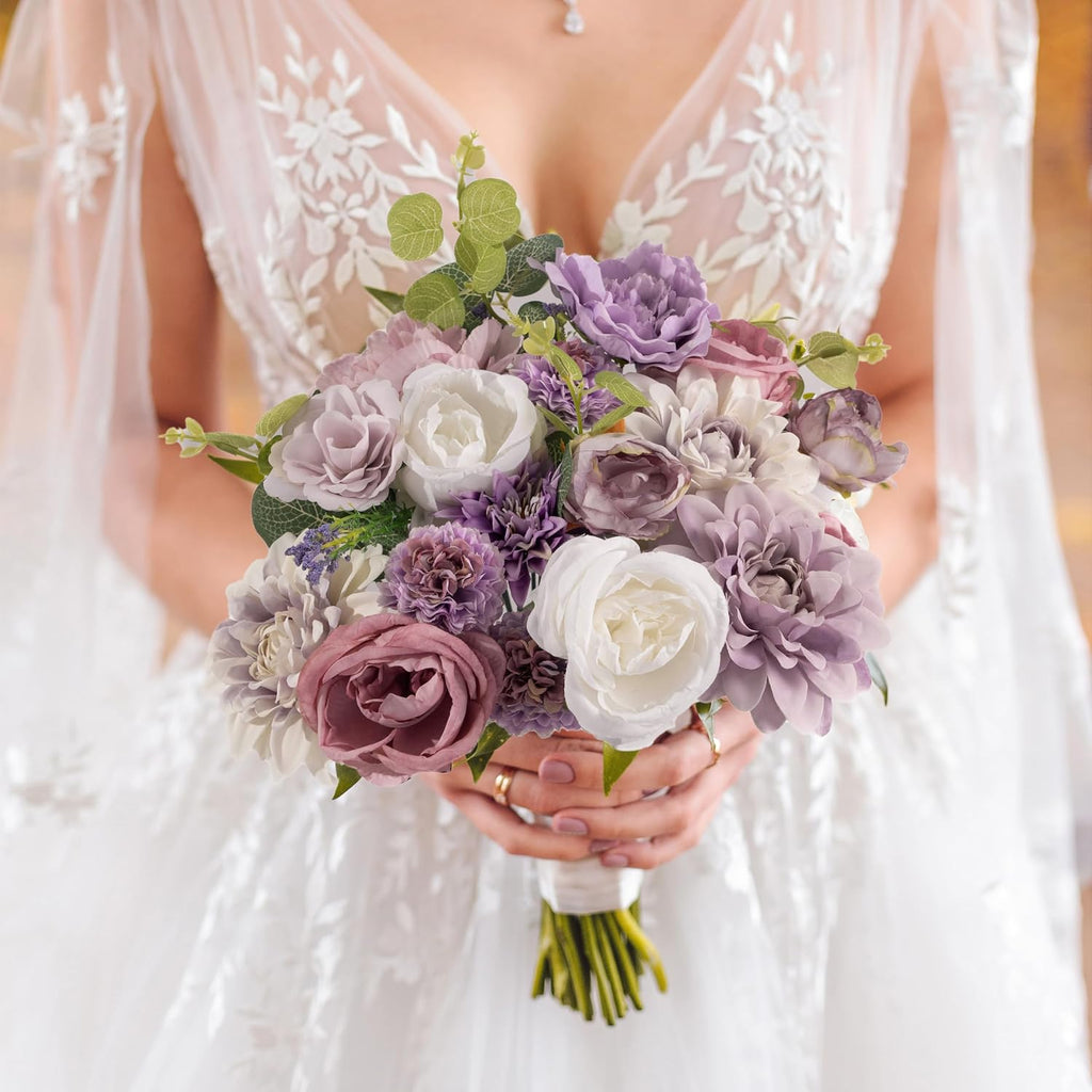 30 Pcs Artificial Flowers Combo Purple Flowers Mix Silk Flowers Dahlia Roses with Stems for DIY Wedding Bridal Bouquets, Baby Shower, Floral Arrangement, Table Centerpieces, Home Decorations