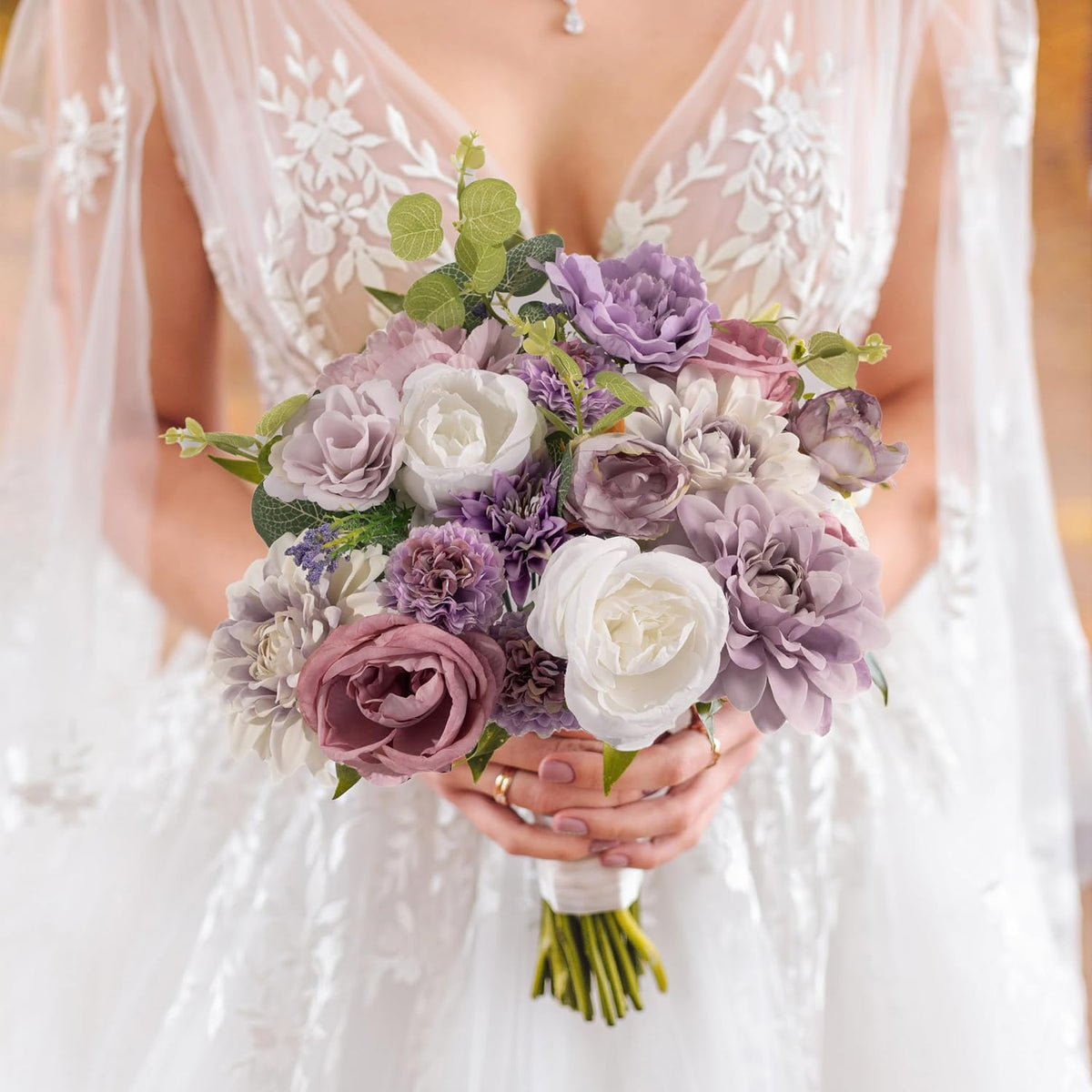 30 Pcs Artificial Flowers Combo Purple Flowers Mix Silk Flowers Dahlia Roses with Stems for DIY Wedding Bridal Bouquets, Baby Shower, Floral Arrangement, Table Centerpieces, Home Decorations