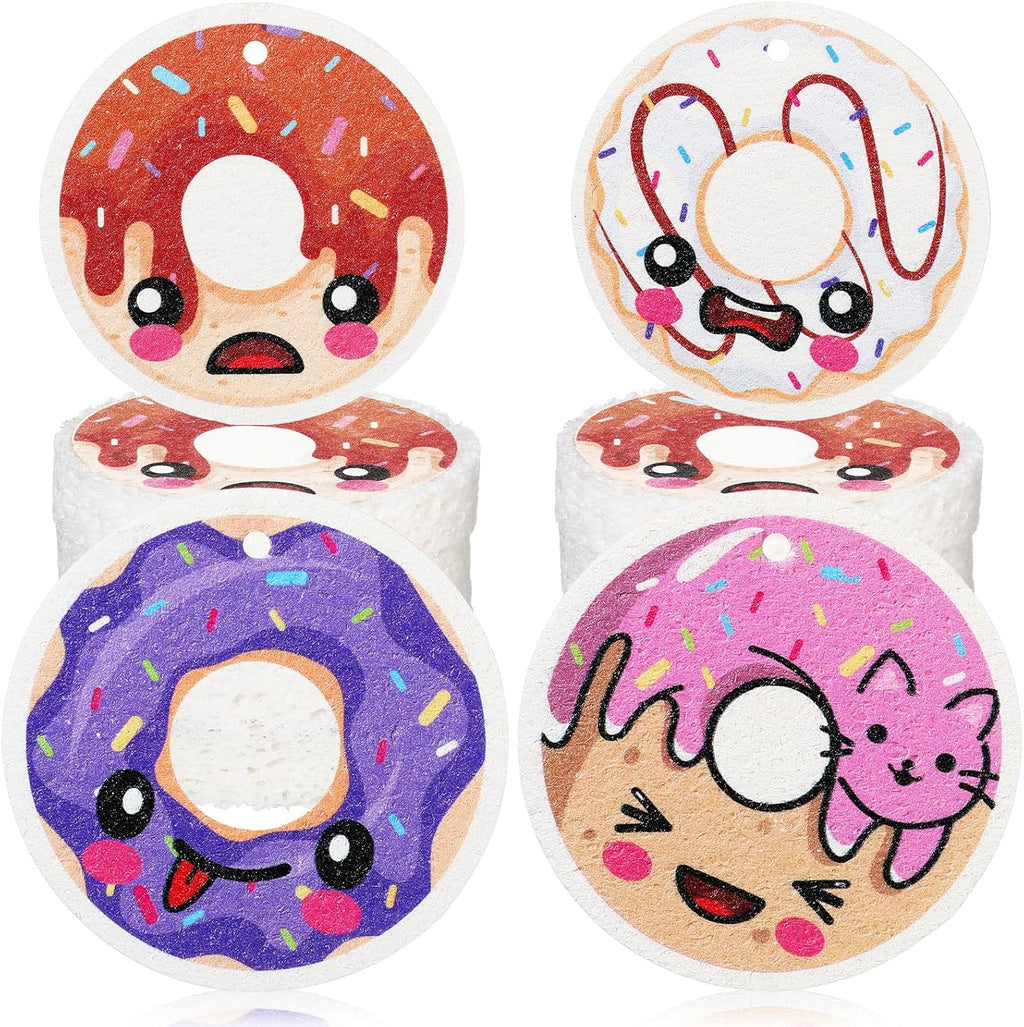 Newtay 8 Pack Cute Kitchen Sponges Dish Set Compressed Non-Scratch Reusable Kitchen Cleaning Household Sponges for Dishes, Pans, Kitchen, Fruit, Plate, Bathroom(Donut)