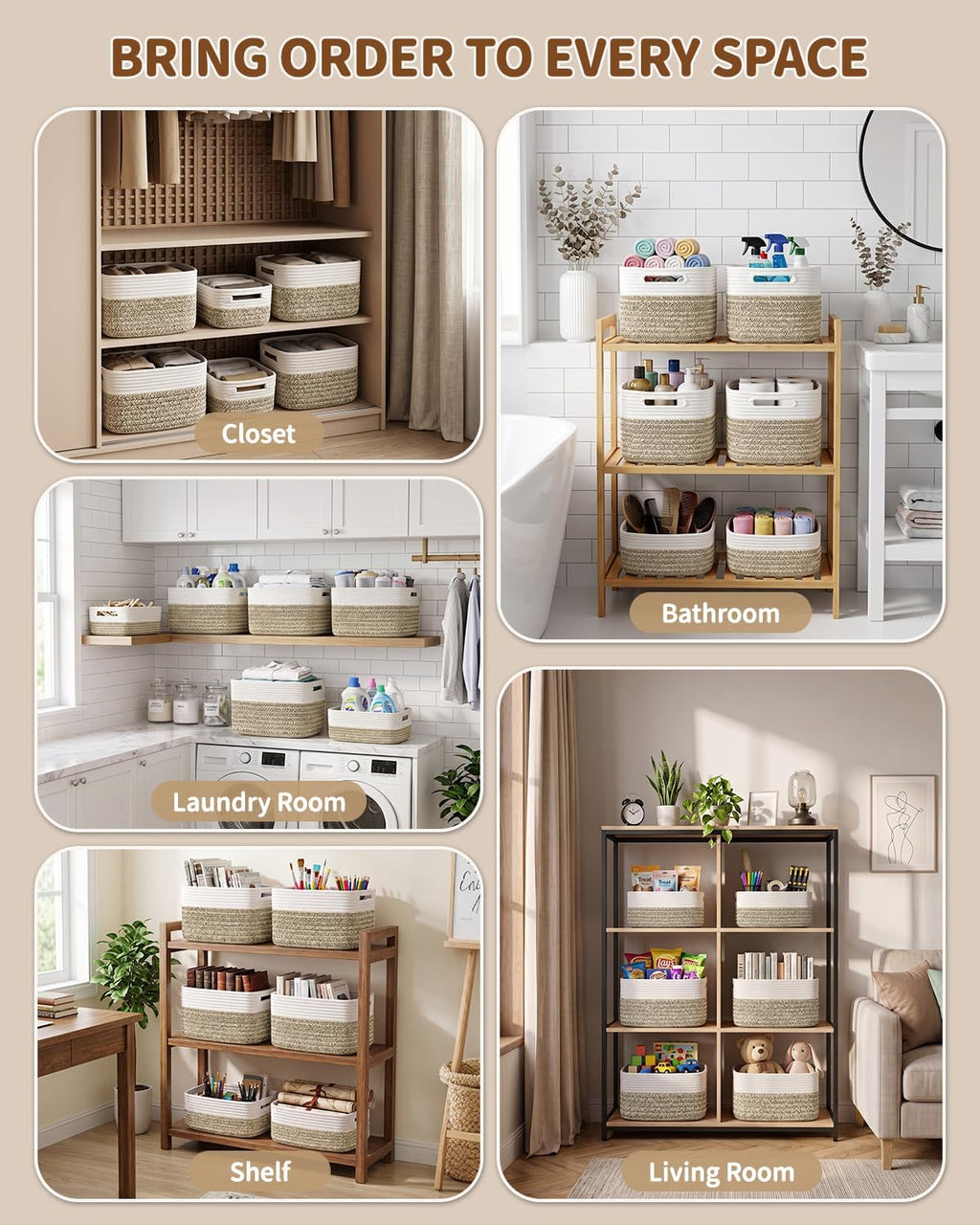 4 Large & 2 Small Foldable Woven Storage Basket for Cabinet