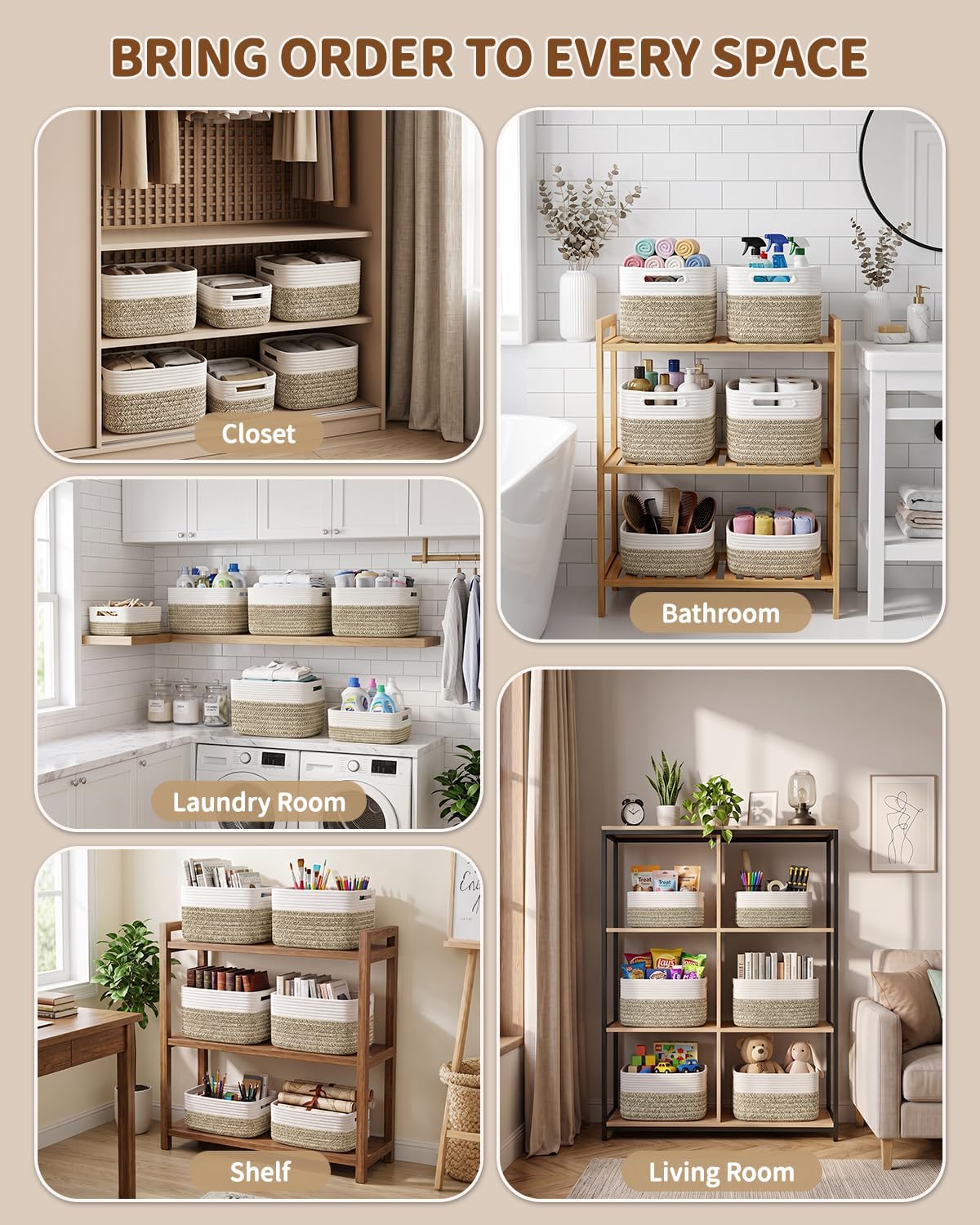 4 Large & 2 Small Foldable Woven Storage Basket for Cabinet